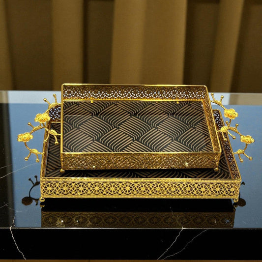 Elegant Black Brown Texture & Golden Border 2pcs Rectangle Tray Set