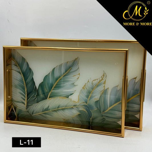 Vibrant Floral Acrylic Tray Duo with Golden Frame – 2 Piece Set