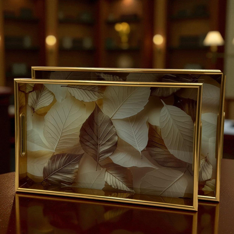 Blossom Glow Acrylic Tray Pair with Gold Framed Edges – 2 Piece Decorative Set