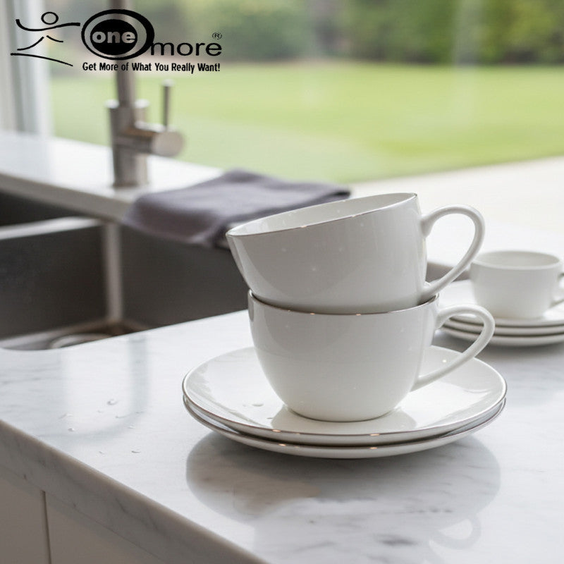 12-Piece Cup & Saucer Set with Silver Rim Accents