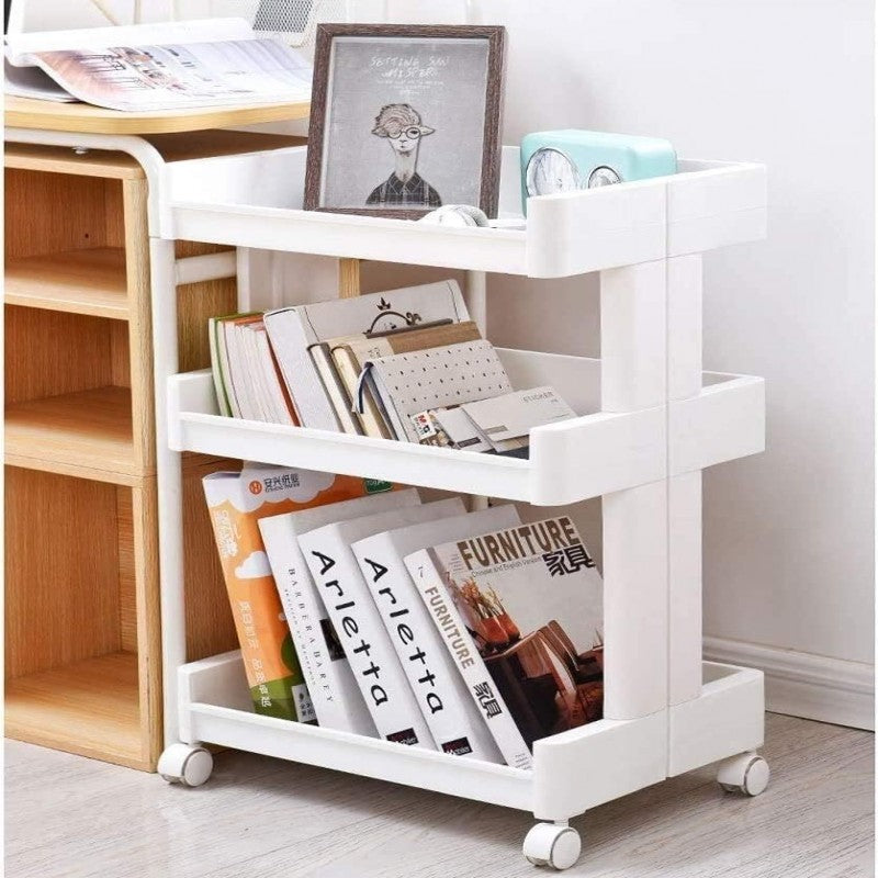 “Multi-Purpose Mobile Trolley Cart with 3 Drawers and Mesh Storage Rack”