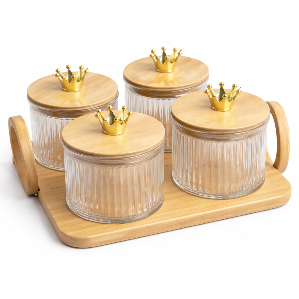 5Pcs Glass Storage Jar Set with Crown Knobs & Bamboo Tray - MYK DEALS