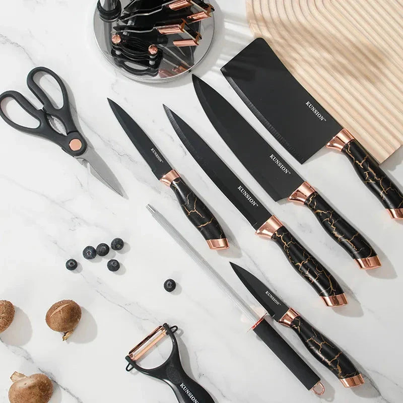 Textured Handle Knife Sets With Acrylic Rotate Stand (Black Marble)
