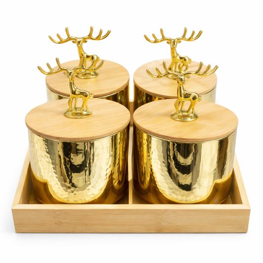 5Pcs Luxury Gold Storage Jar Set with Deer Handle Lids & Bamboo Tray - MYK DEALS