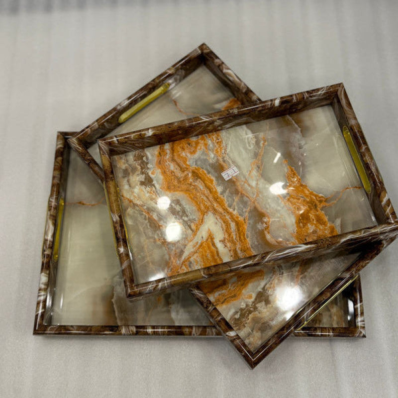 3-Piece Wooden & Marble/Textured Serving Tray Set
