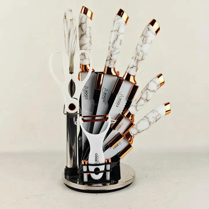 Textured Handle Knife Sets With Acrylic Rotate Stand (Black Marble)