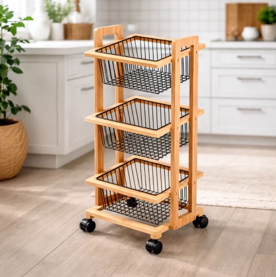3-Tier Movable Wooden Storage Cart, Multi-Function Organizer for Home, Office, Kitchen, Bedside Snack Coffee Trolley