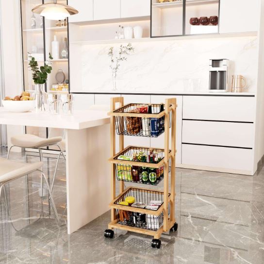 3-Tier Movable Wooden Storage Cart, Multi-Function Organizer for Home, Office, Kitchen, Bedside Snack Coffee Trolley