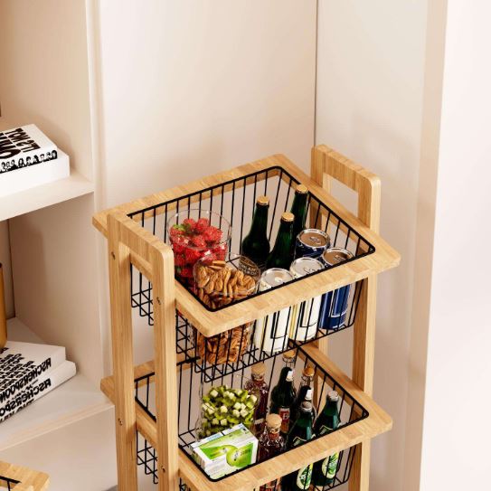3-Tier Movable Wooden Storage Cart, Multi-Function Organizer for Home, Office, Kitchen, Bedside Snack Coffee Trolley