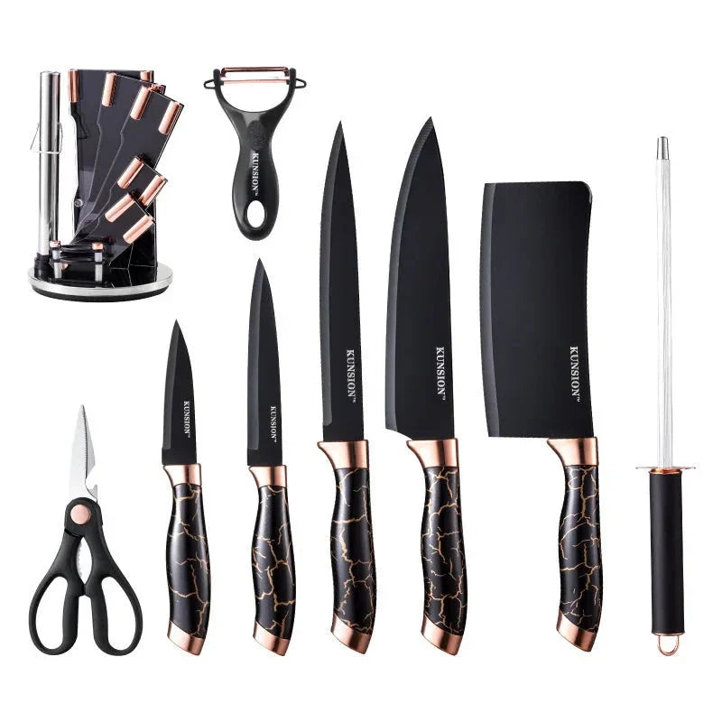 Textured Handle Knife Sets With Acrylic Rotate Stand (Black Marble)