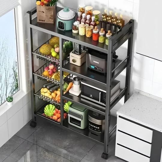4-Tier Multifunctional Storage Rack Space-Saving Organizer with Baskets for Home Kitchen