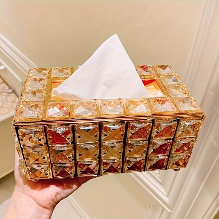 Luxury Crystal Tissue Box Cover with Gold Metal Frame | Handcrafted Octagonal Crystal Décor Holder for Vanity, Bathroom, Office & Living Room
