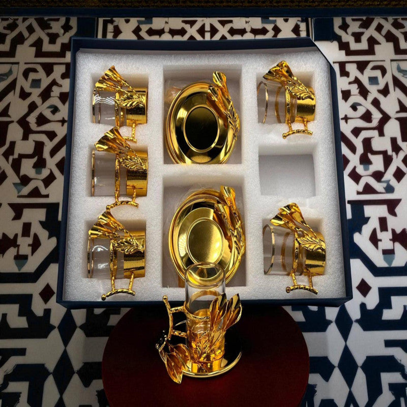 Golden Elegance – 12-Piece Luxury Qahwa Shot Set for Arabic Tea & Coffee Lovers | Premium Gold Serveware Collection