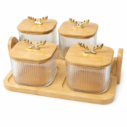 5Pcs Glass Storage Jar Set with Deer Antler Knobs & Bamboo Tray - MYK DEALS