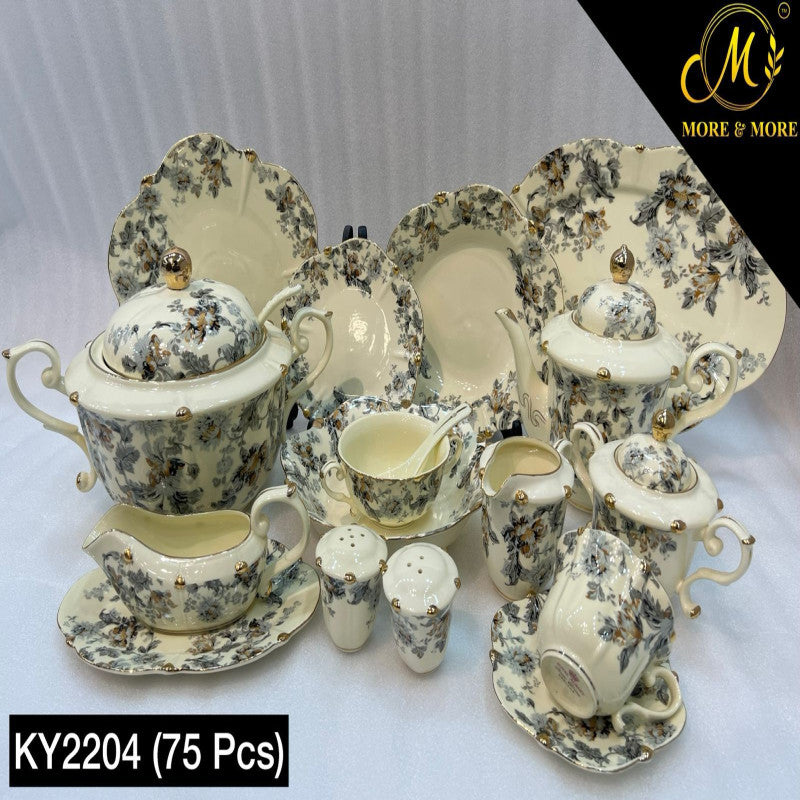 ROYAL ALBERT Dinner Set (Off-White Body) – Elegant 75 Pcs Full Crockery for 8 Persons | Premium Ceramic Tableware & Serveware Collection
