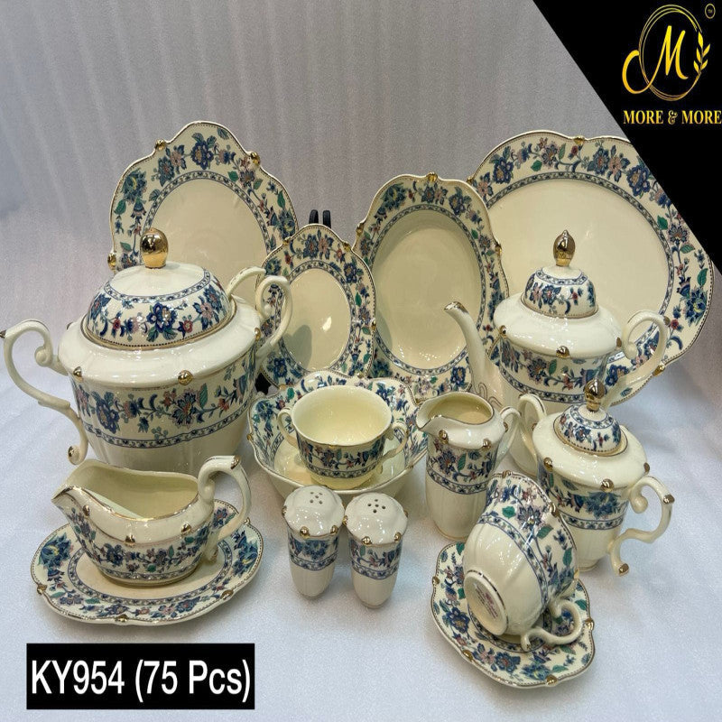 ROYAL ALBERT Dinner Set (Off-White Body) – Elegant 75 Pcs Full Crockery for 8 Persons | Premium Ceramic Tableware & Serveware Collection