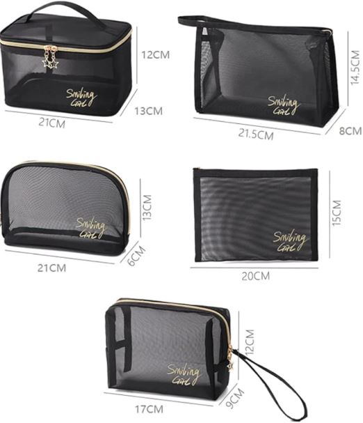 5pcs Premium Quality Mesh Makeup Bags, Portable Travel Organizing Zipper Pouch