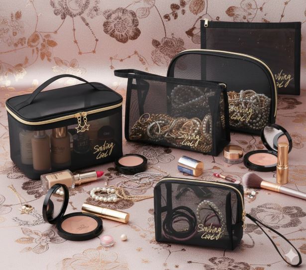 5pcs Premium Quality Mesh Makeup Bags, Portable Travel Organizing Zipper Pouch
