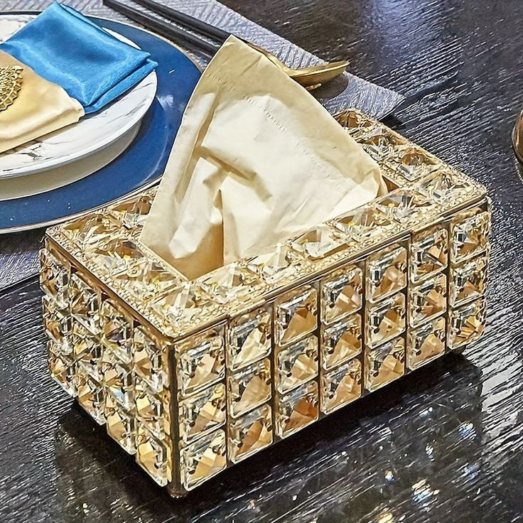 Luxury Crystal Tissue Box Cover with Gold Metal Frame | Handcrafted Octagonal Crystal Décor Holder for Vanity, Bathroom, Office & Living Room