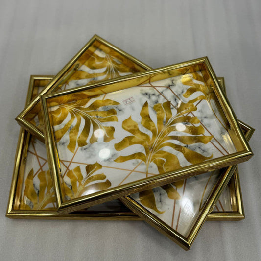 Luxury 3-Piece Gold Leaf And White Marble Pattern Serving Tray Set