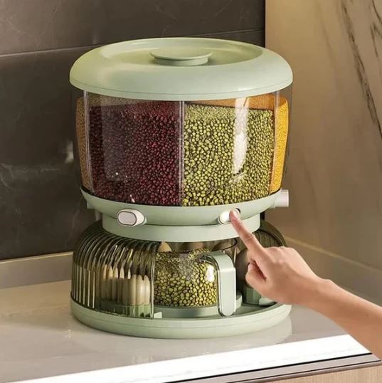 Rotating Multi-Compartment Grain & Cereal Dispenser With Egg Tray - 6 Grid