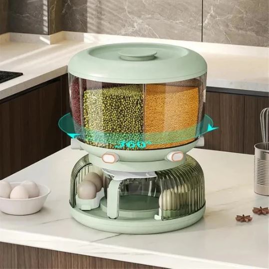 Rotating Multi-Compartment Grain & Cereal Dispenser With Egg Tray - 6 Grid