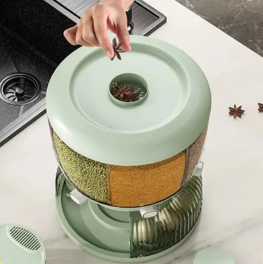 Rotating Multi-Compartment Grain & Cereal Dispenser With Egg Tray - 6 Grid