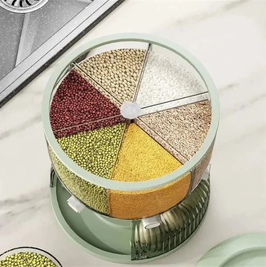 Rotating Multi-Compartment Grain & Cereal Dispenser With Egg Tray - 6 Grid