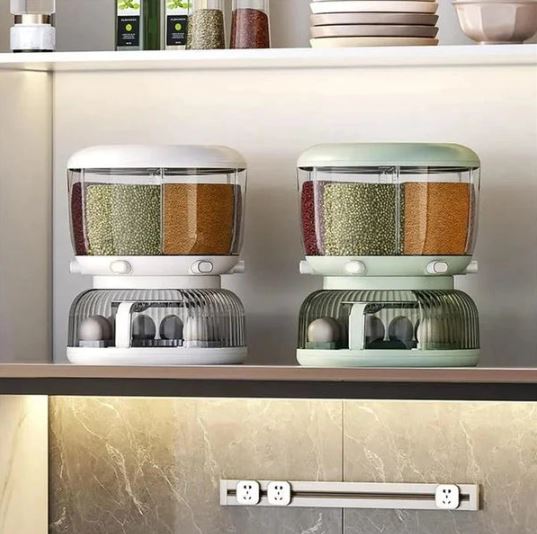 Rotating Multi-Compartment Grain & Cereal Dispenser With Egg Tray - 6 Grid