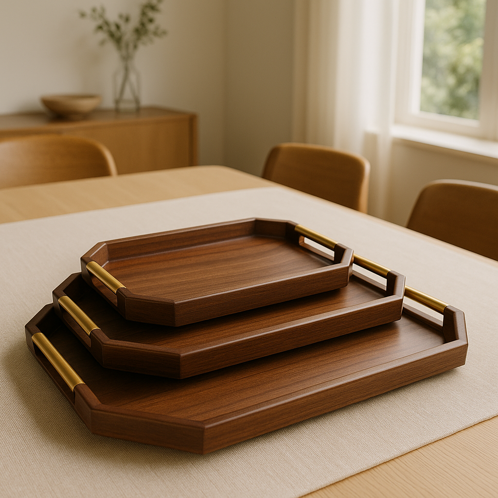 Premium 3 Pcs Walnut Wooden Serving Tray Set with Gold Handles