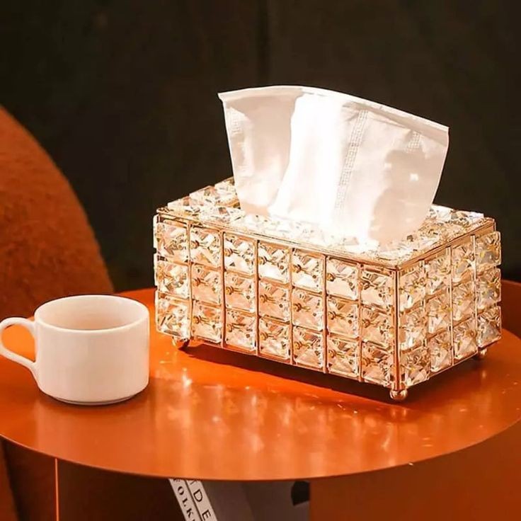 Luxury Crystal Tissue Box Cover with Gold Metal Frame | Handcrafted Octagonal Crystal Décor Holder for Vanity, Bathroom, Office & Living Room
