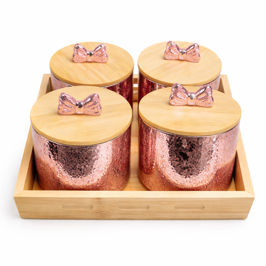 5Pcs Rose Gold Glass Storage Jar Set with Bow Knobs & Bamboo Tray - MYK DEALS