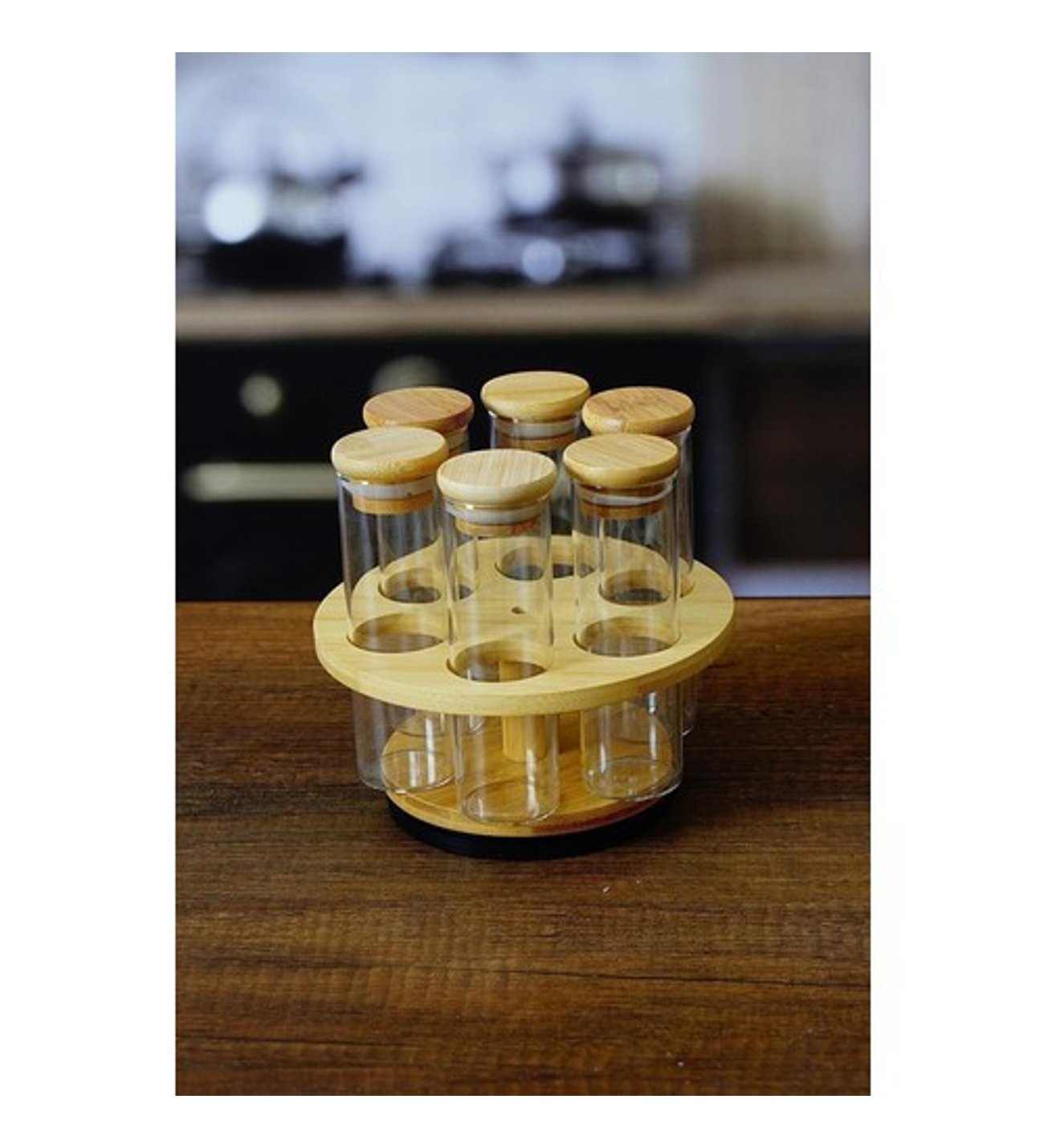 Bamboo Rotating Glass Tube Spice Rack - 6 Jars