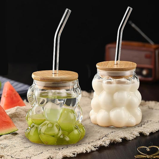 Bubble Glass Cup with Bamboo Lid & Straw