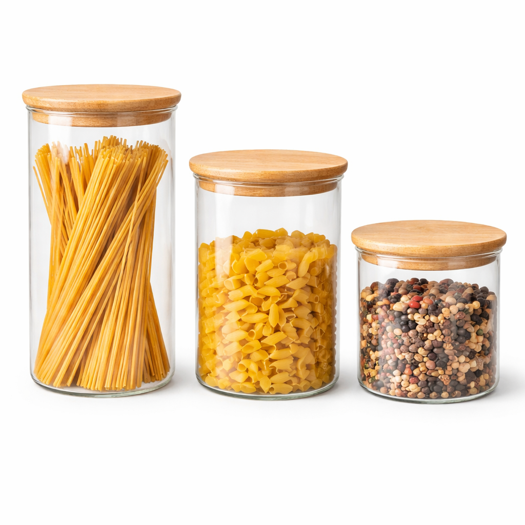 3-Piece Glass Storage Jar Set with Wooden Lids – Small, Medium & Large - MYK DEALS