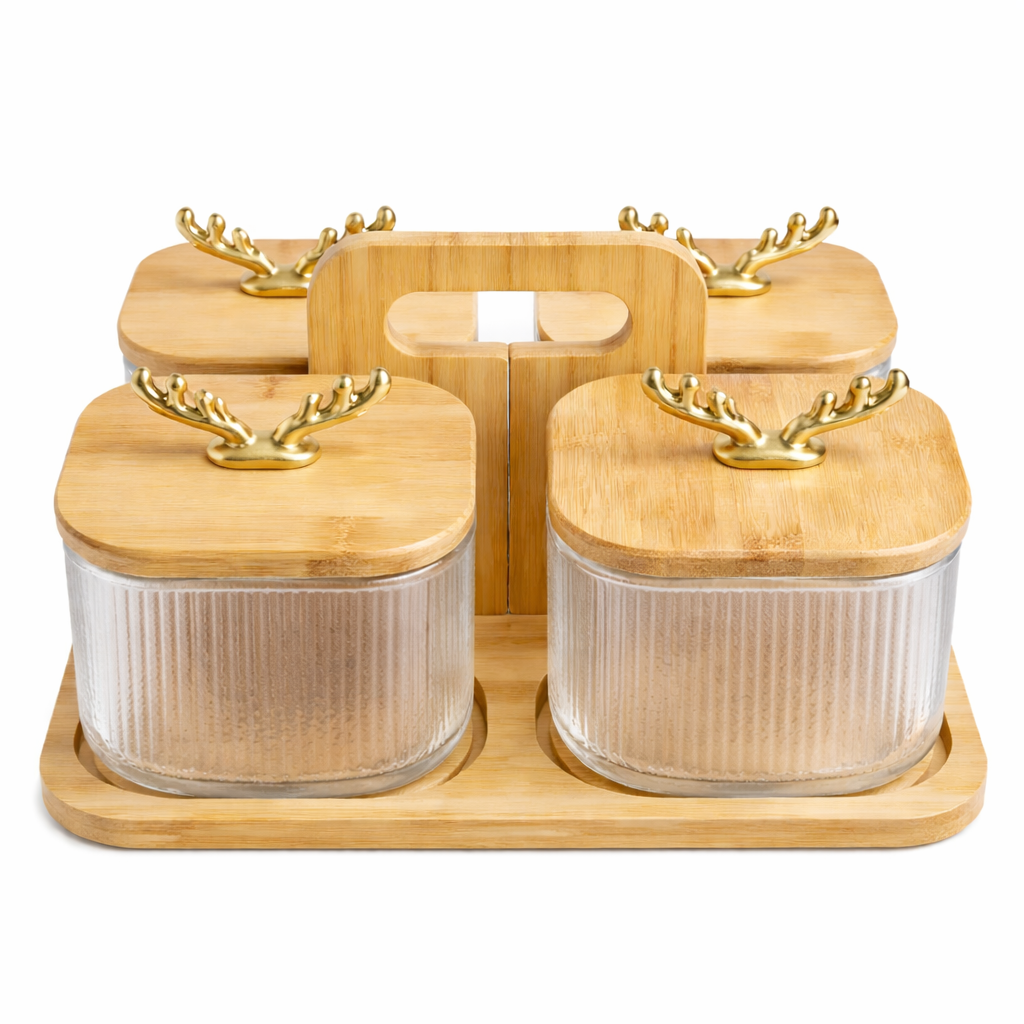 5Pcs Glass Storage Jar Set with Deer Antler Knobs & Bamboo Carry Tray - MYK DEALS
