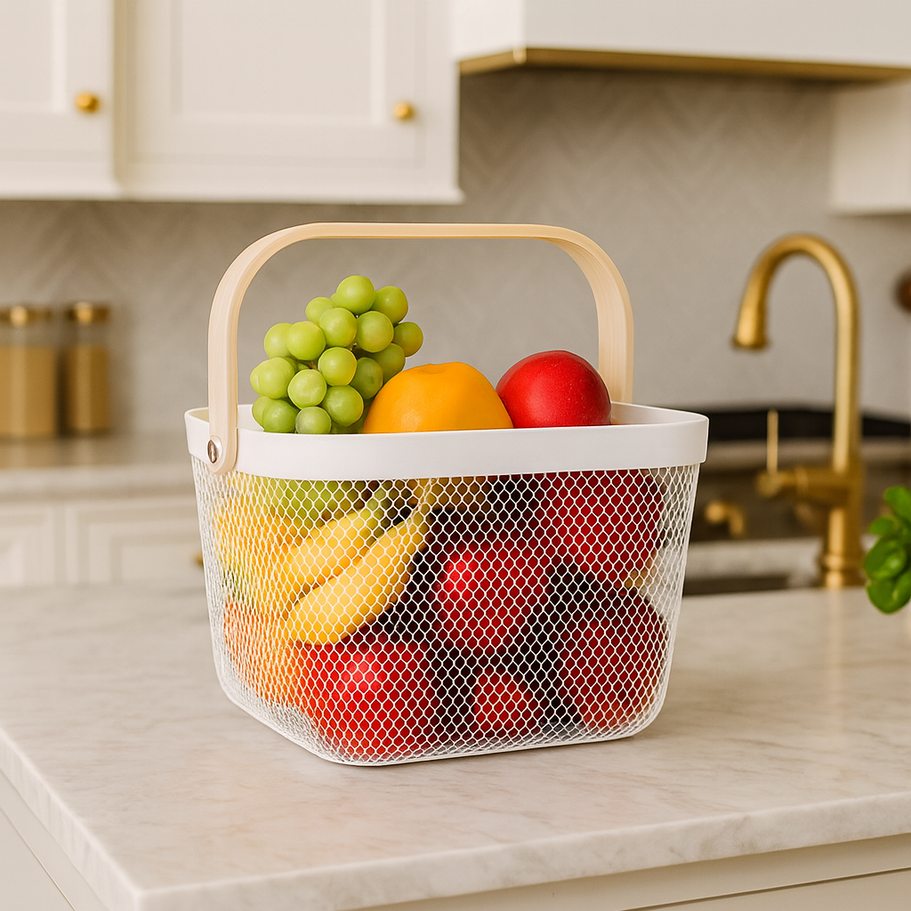 Fruit Mesh Basket With Wooden Handle - White