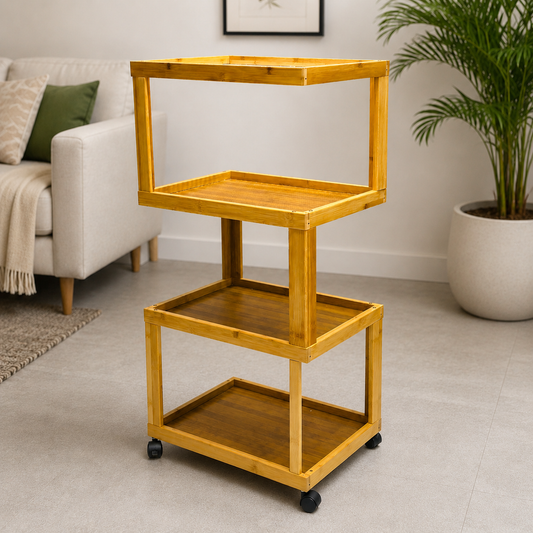 Nordic Rattan 4-Layer Wooden Rolling Trolley