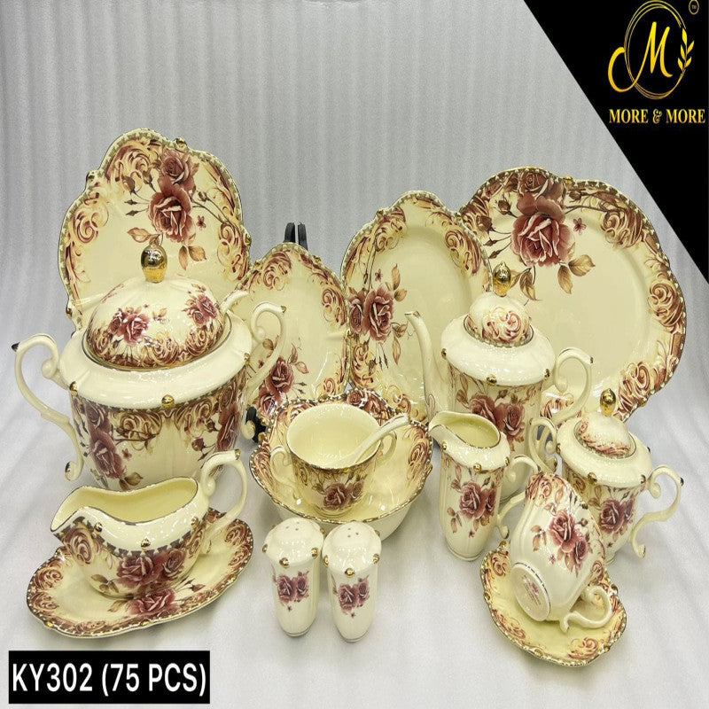 ROYAL ALBERT Dinner Set (Off-White Body) – Elegant 75 Pcs Full Crockery for 8 Persons | Premium Ceramic Tableware & Serveware Collection