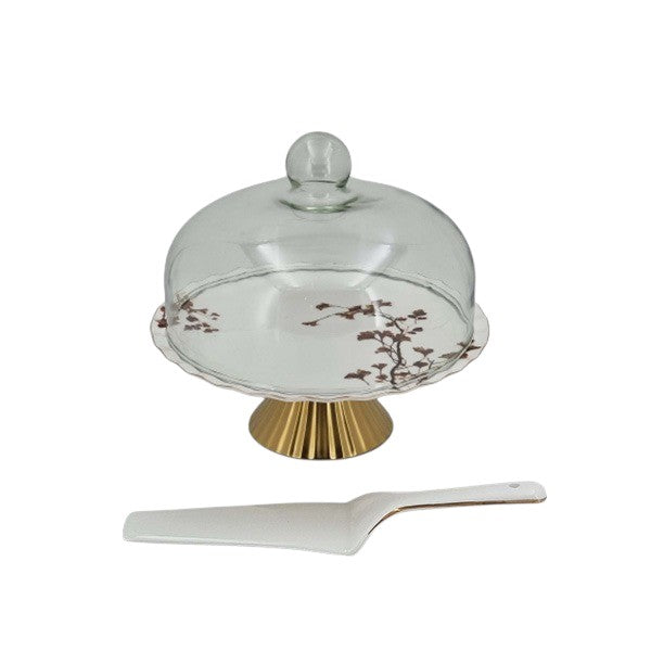 Angela 11.5" Ceramic Cake Stand with Glass Lid & Lifter - BRD339