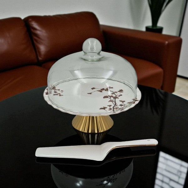 Angela 11.5" Ceramic Cake Stand with Glass Lid & Lifter - BRD339