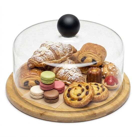 Bamboo Cake Stand with Acrylic Lid Multifunctional Cake Stand with Acrylic Dome, Bamboo Cake Plate Display Stand with Cover