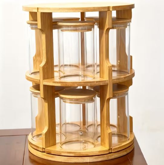 Bamboo 360° Rotation Glass Spice Jars Rack, 1pc Spice Rack + 10pcs Glass Spice Jars