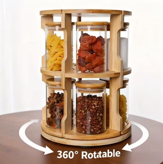 Bamboo 360° Rotation Glass Spice Jars Rack, 1pc Spice Rack + 10pcs Glass Spice Jars