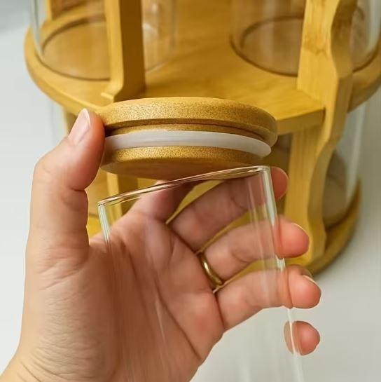 Bamboo 360° Rotation Glass Spice Jars Rack, 1pc Spice Rack + 10pcs Glass Spice Jars