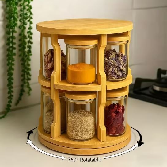 Bamboo 360° Rotation Glass Spice Jars Rack, 1pc Spice Rack + 10pcs Glass Spice Jars