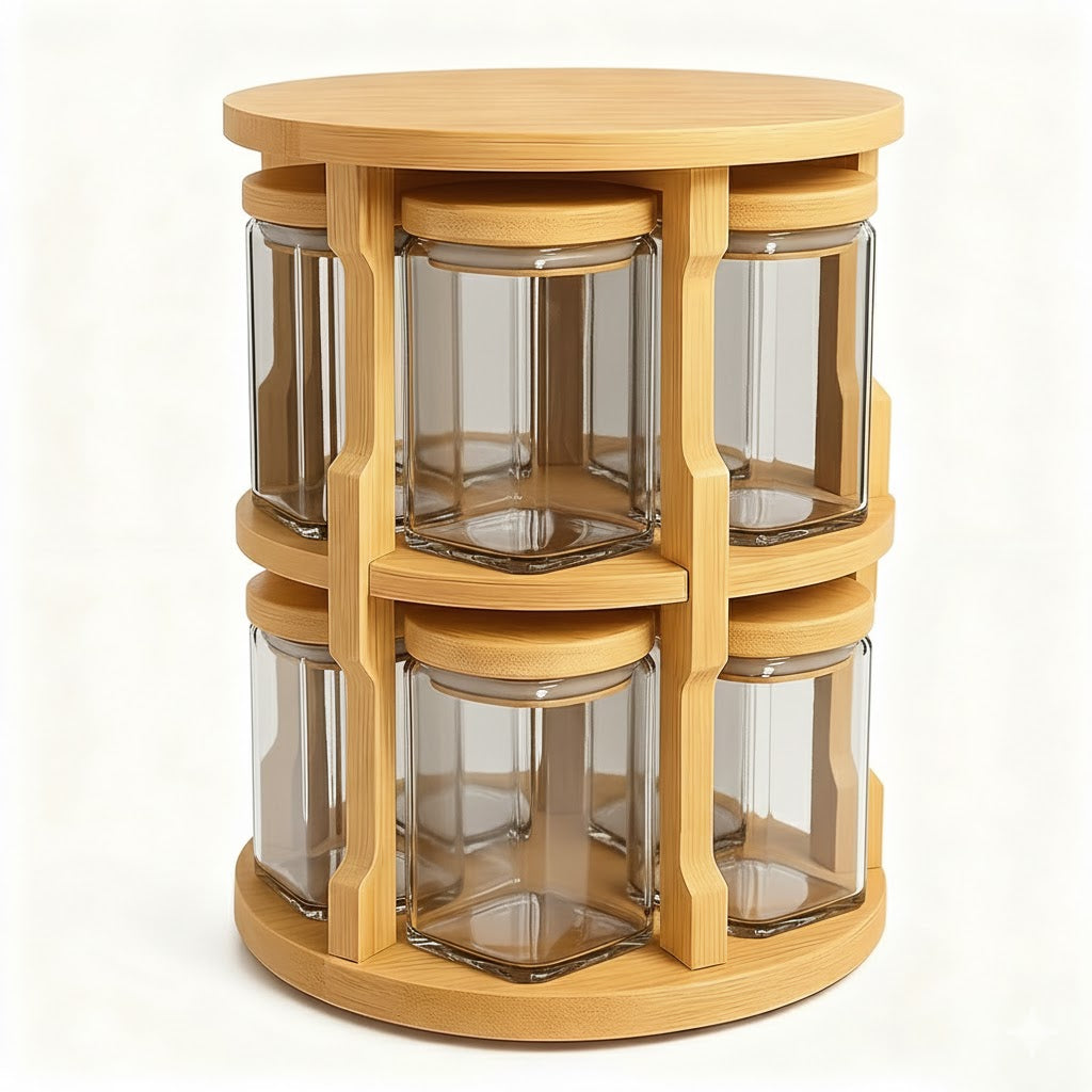 Bamboo 360° Rotation Glass Spice Jars Rack, 1pc Spice Rack + 10pcs Glass Spice Jars