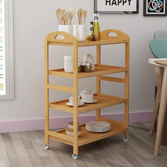 Bamboo Kitchen Island Cart, Rolling Kitchen Trolley with 4 Shelves for Living Room, Bathroom