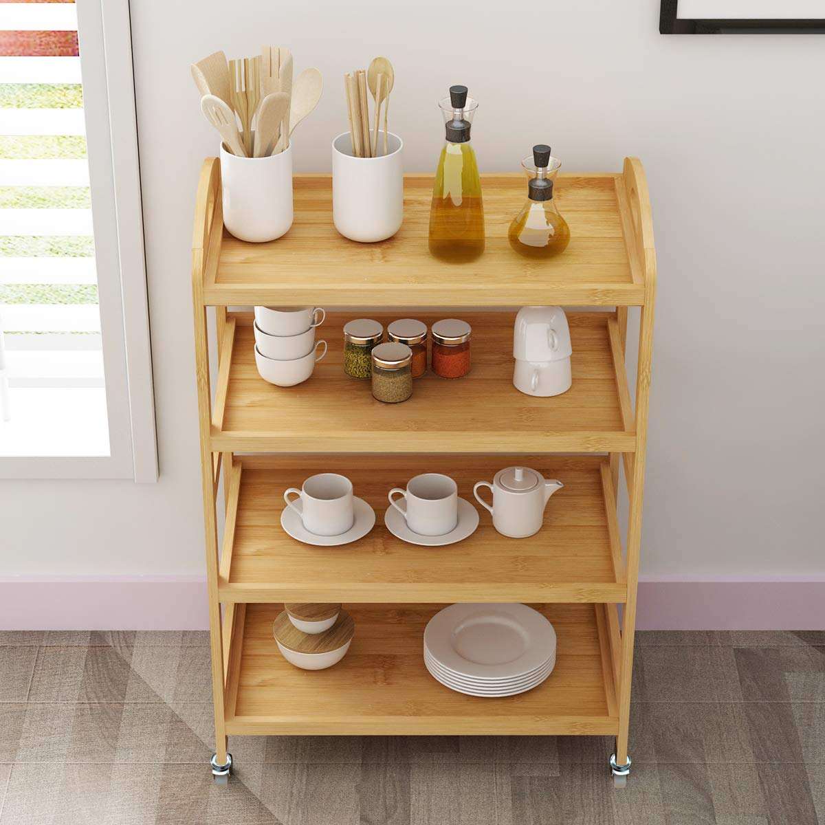 Bamboo Kitchen Island Cart, Rolling Kitchen Trolley with 4 Shelves for Living Room, Bathroom