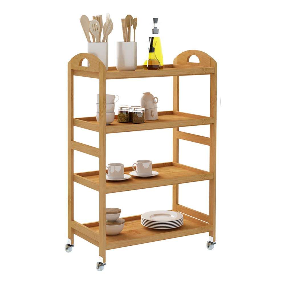 Bamboo Kitchen Island Cart, Rolling Kitchen Trolley with 4 Shelves for Living Room, Bathroom